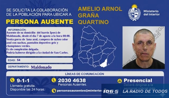 Ausente: solicitan colaboración para ubicar a Amelio Arnol Graña Cuartino.