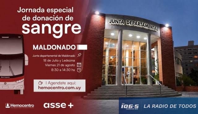 Donación de Sangre (HEMOBUS): llegará a la Junta Departamental el próximo viernes 21.