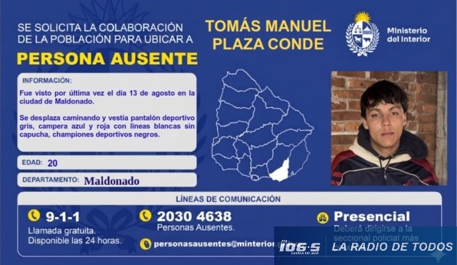 Ausente: solicitan colaboración para ubicar a Tómas Manuel Plaza Conde.