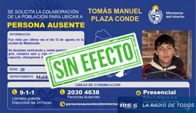 Apareció en buen estado de salud: Tómas Manuel Plaza Conde. 
