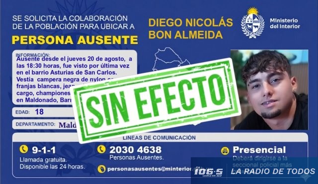 Apareció en buen estado de salud: Diego Nicolás Bon Almeida.